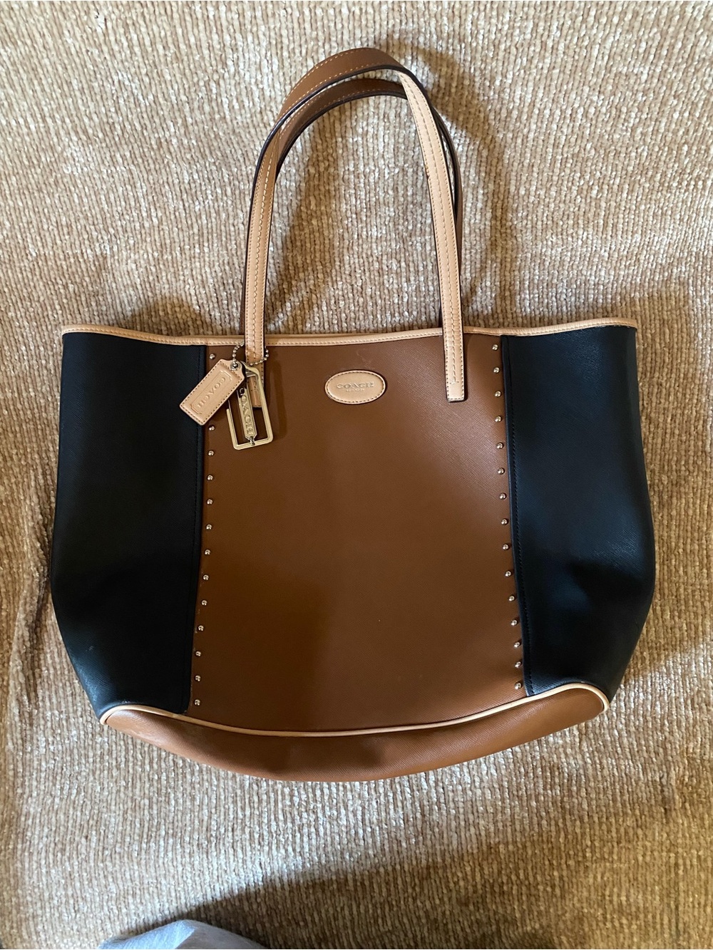 Coach Brown and Black Leather Stud-Trim Tote